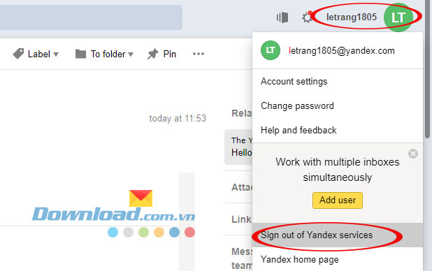 Đăng xuất tài khoản Yandex Mail