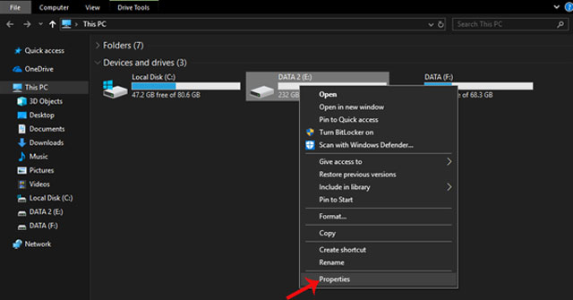 Nhấn chuột phải và chọn Properties
