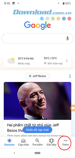 Giao diện chính của ứng dụng Google