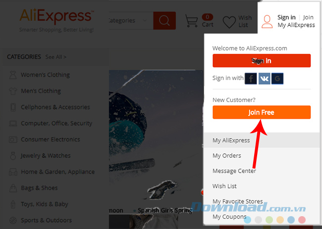 Trang chủ của aliexpress