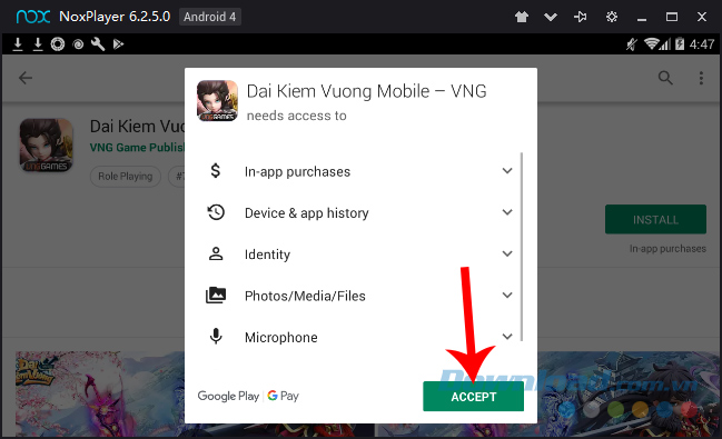 Click vào Accept để cài đặt Đại Kiếm Vương Mobile