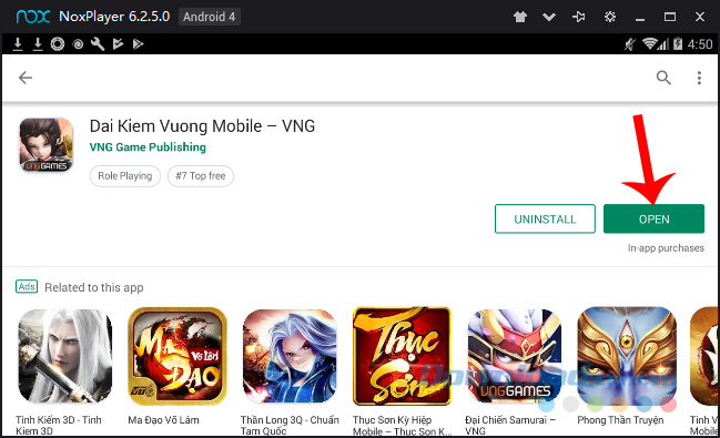 Nhấn vào Open để khởi chạy game Đại Kiếm Vương Mobile