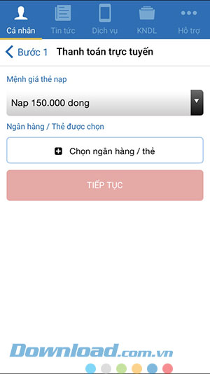Lựa chọn mệnh giá thẻ
