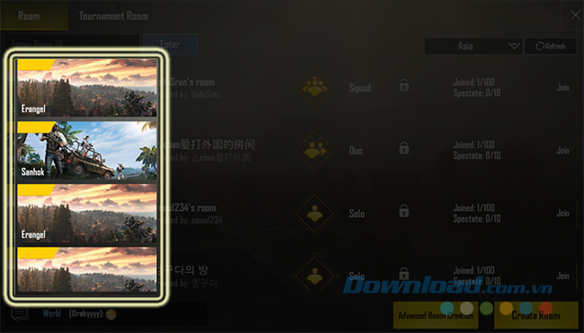 Chọn phòng vào chơi PUBG Mobile