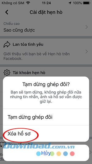Lựa chọn Xóa hồ sơ trên trang ghép đôi