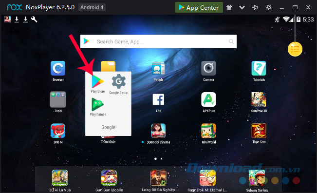 Giao diện chính của giả lập Nox