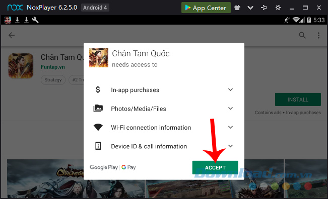 Chọn Accept để cài đặt Chân Tam Quốc cho Android