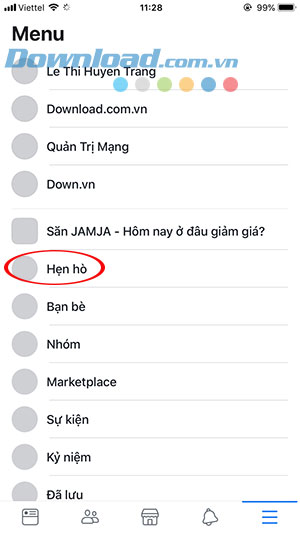 Chọn trang cài đặt Facebook và lựa chọn tính năng hẹn hò bí mật