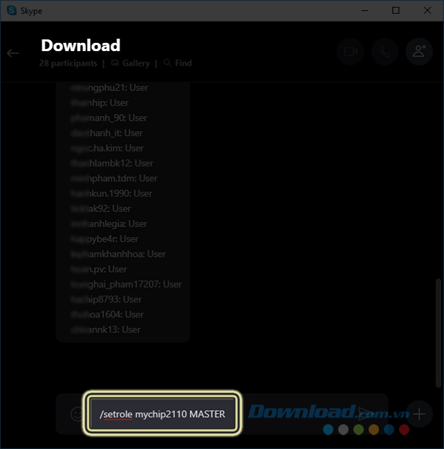 Lệnh thêm admin vào nhóm chat Skype