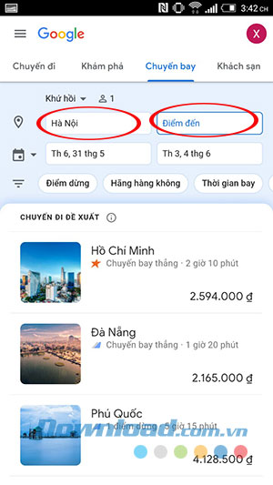 Nhập điểm đi và điểm đến