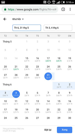 Lựa chọn ngày bay