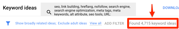 Số lượng từ khóa Google Keyword Planner hiển thị