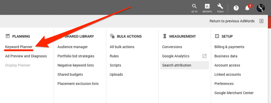 Nút lập kế hoạch từ khóa trong Google Keyword Planner 