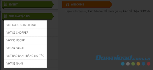 Trang sự kiện của Vua Hải Tặc H5