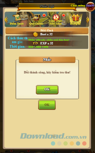 Đổi mã tân thủ game Vua Hải Tặc H5 thành công