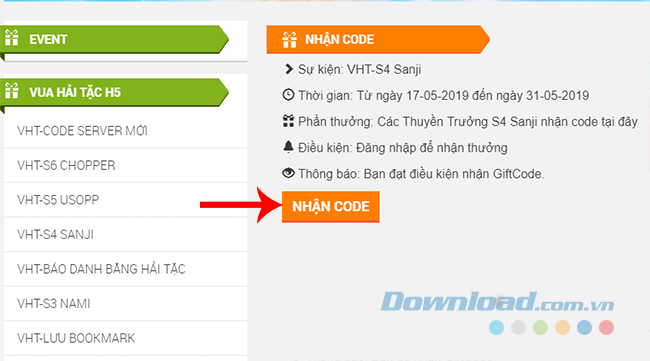 Chọn vào Nhận code