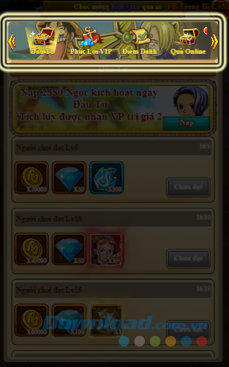 Giao diện của tính năng Phúc lợi trong Vua Hải Tặc H5