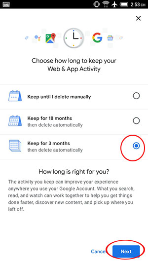 Giao diện chọn khoảng thời gian xóa