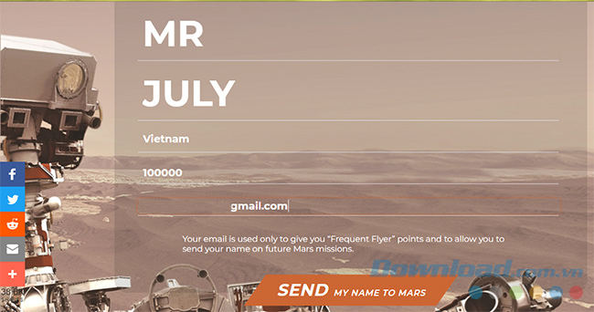 Điền thông tin cá nhân vào vé lên sao hoả 2020