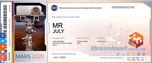 Vé lưu niệm sao Hoả MARS 2020