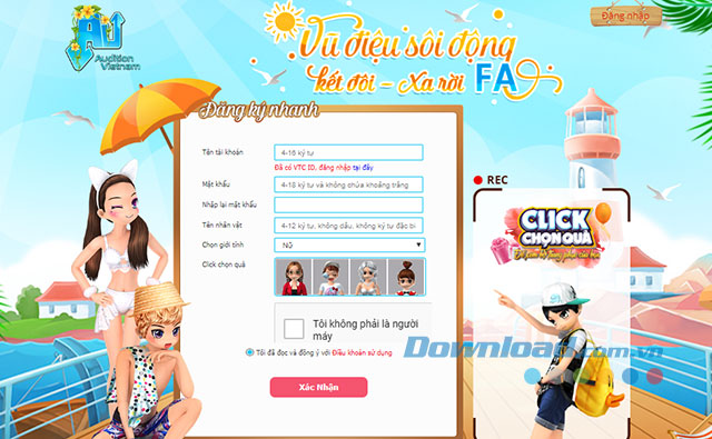 Giao diện nhập thông tin đăng ký tài khoản chơi game Audition