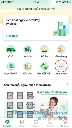 Giao diện chính của Grab