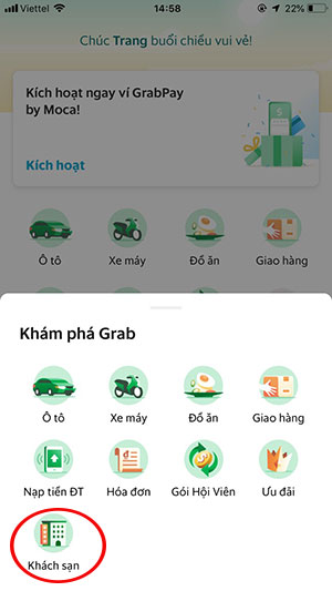 Giao diện chính của Grab Hotel