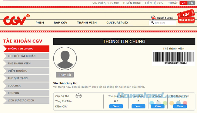 Tạo tài khoản CGV thành công