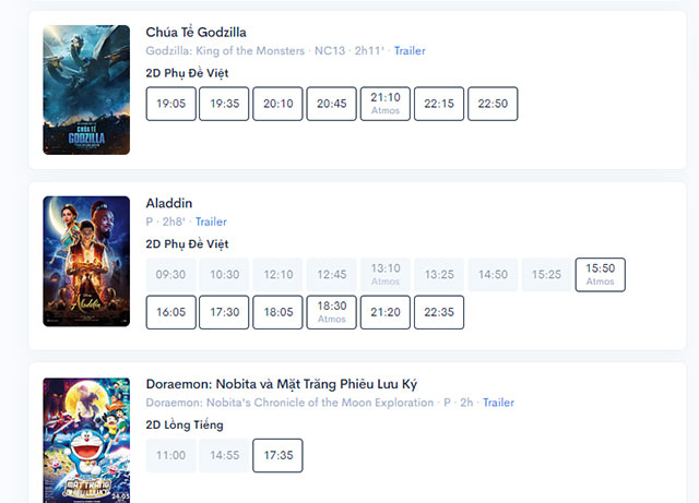 Chi tiết lịch chiếu phim của rạp đã chọn