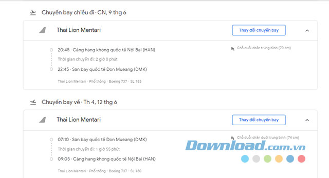 Chi tiết hành trình bay đã chọn