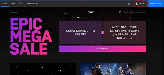 Giao diện chính của Epic Games