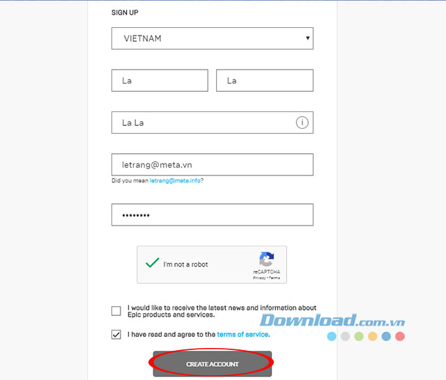 Giao diện đăng ký tài khoản Epic Games