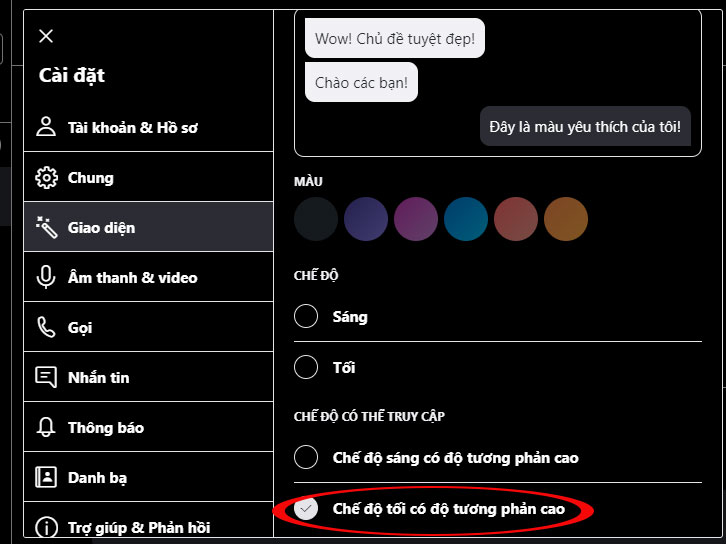 Chế độ nền tối có độ tương phản cao ở mục Chế độ có thể truy cập.