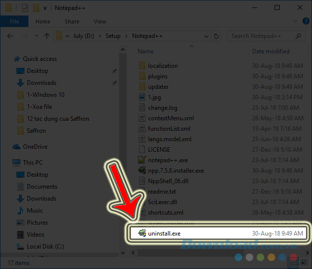 File uninstall.exe tích hợp trong cài đặt