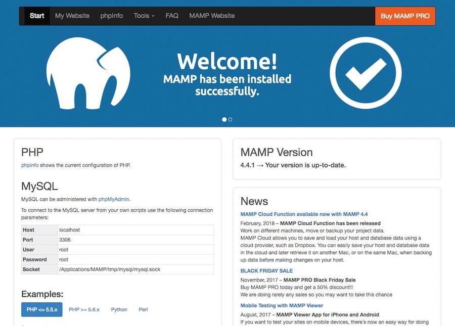 Cài đặt MAMP thành công