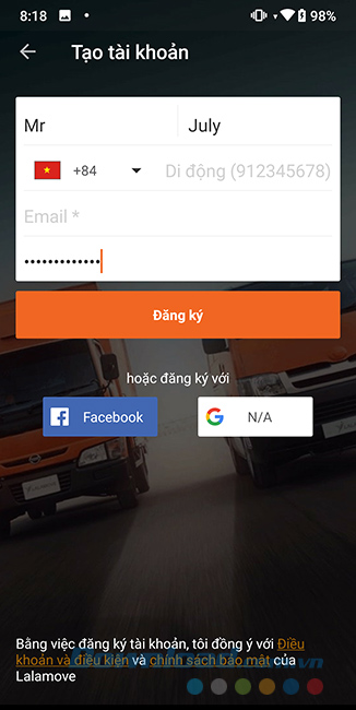 Điền thông tin đăng ký tài khoản Lalamove