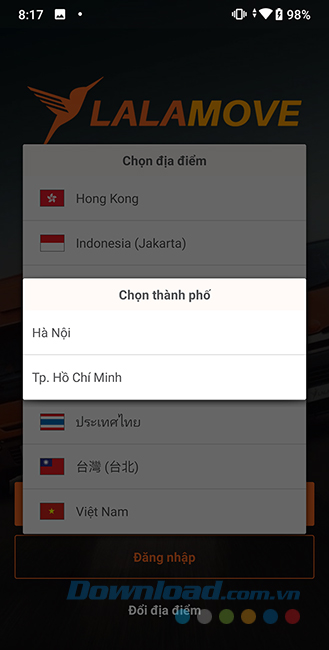 Chọn thành phố sử dụng Lalamove