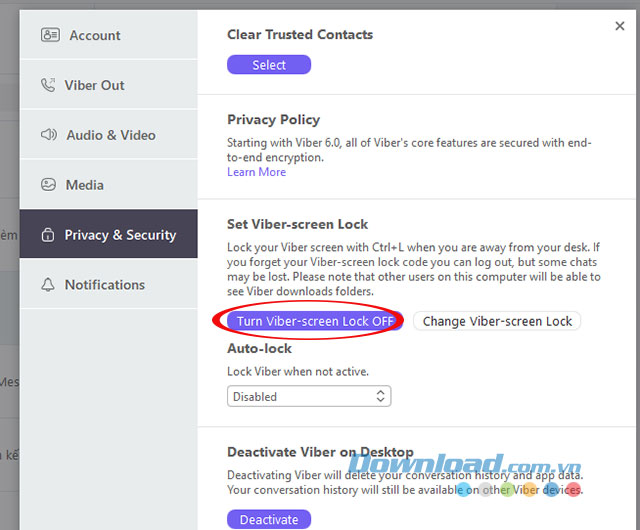 Xóa mã khóa Viber đã tạo