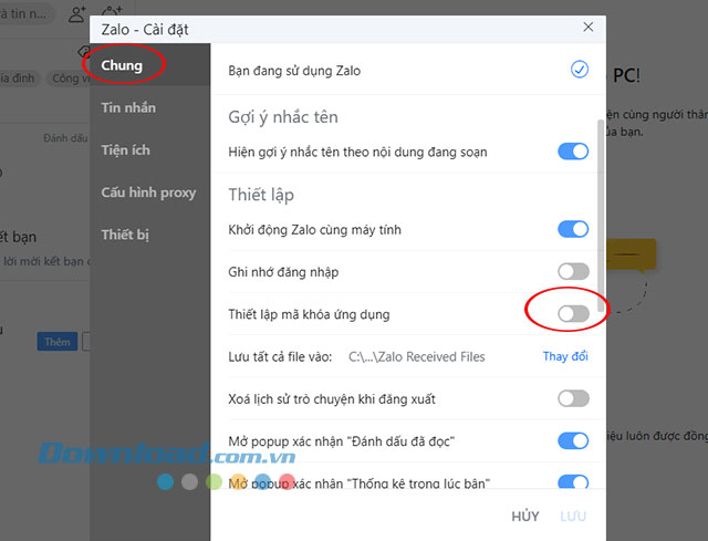 Bật chế độ khóa ứng dụng trên Zalo