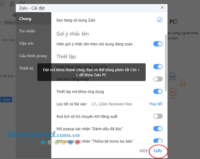 Giao diện thông báo đặt mã khóa thành công