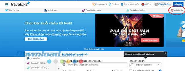 Giao diện chính của trang Traveloka