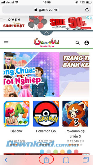 Giao diện của Gamevui trên Safari