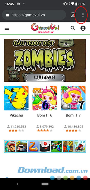 Giao diện chính của GameVui trên Chrome