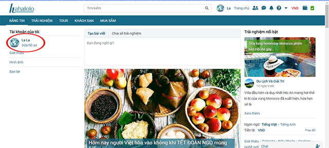 Truy cập trang cá nhân trên Hahalolo