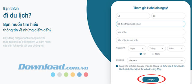 Giao diện đăng ký tài khoản Hahalolo