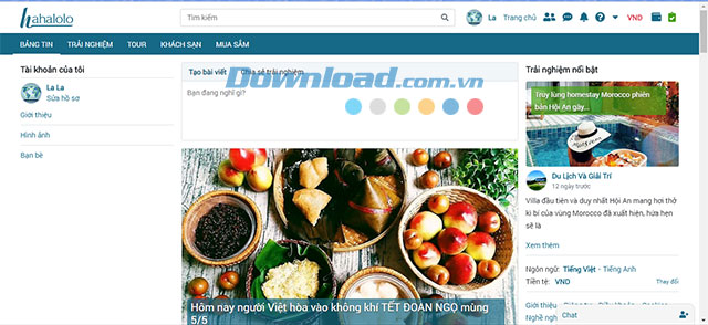 Giao diện chính của mạng xã hội du lịch Hahalolo