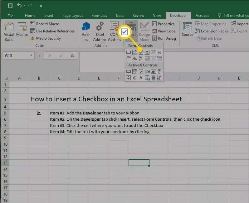Chèn checkbox đơn giản trong Excel