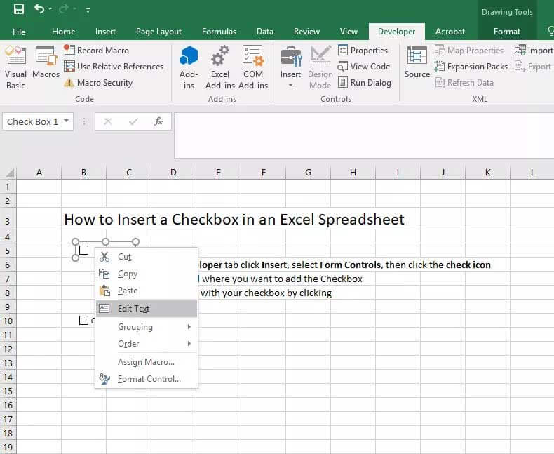 Chỉnh sửa checkbox trong Excel
