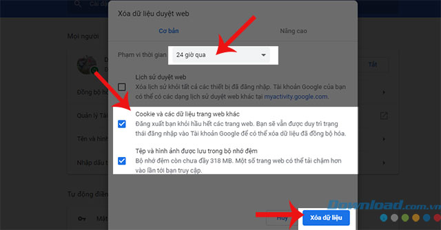 Tick vào các mục và xóa dữ liệu
