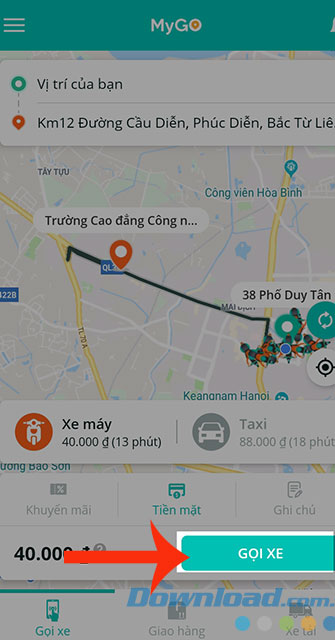 Nhấn Gọi xe